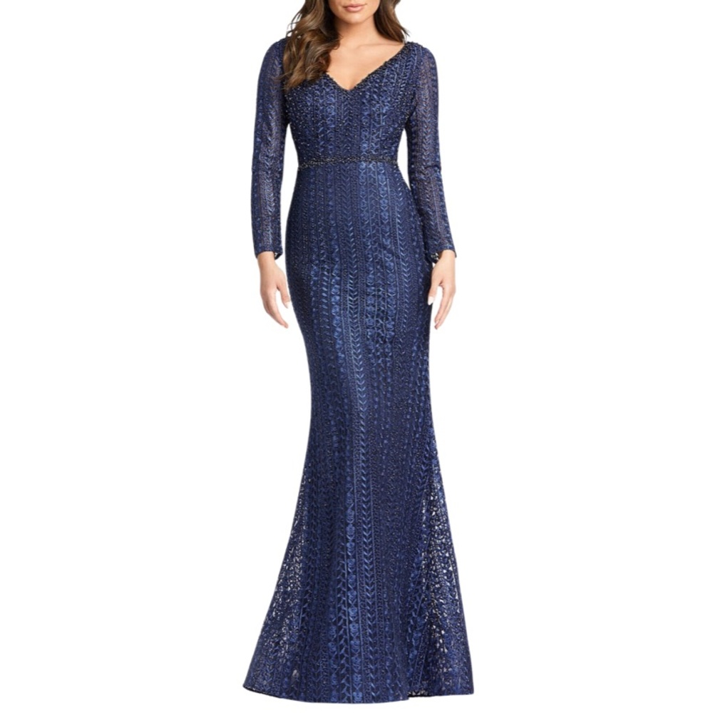 New Mac Duggal Embroidered Beaded Long Sleeve Formal Gown Midnight Navy